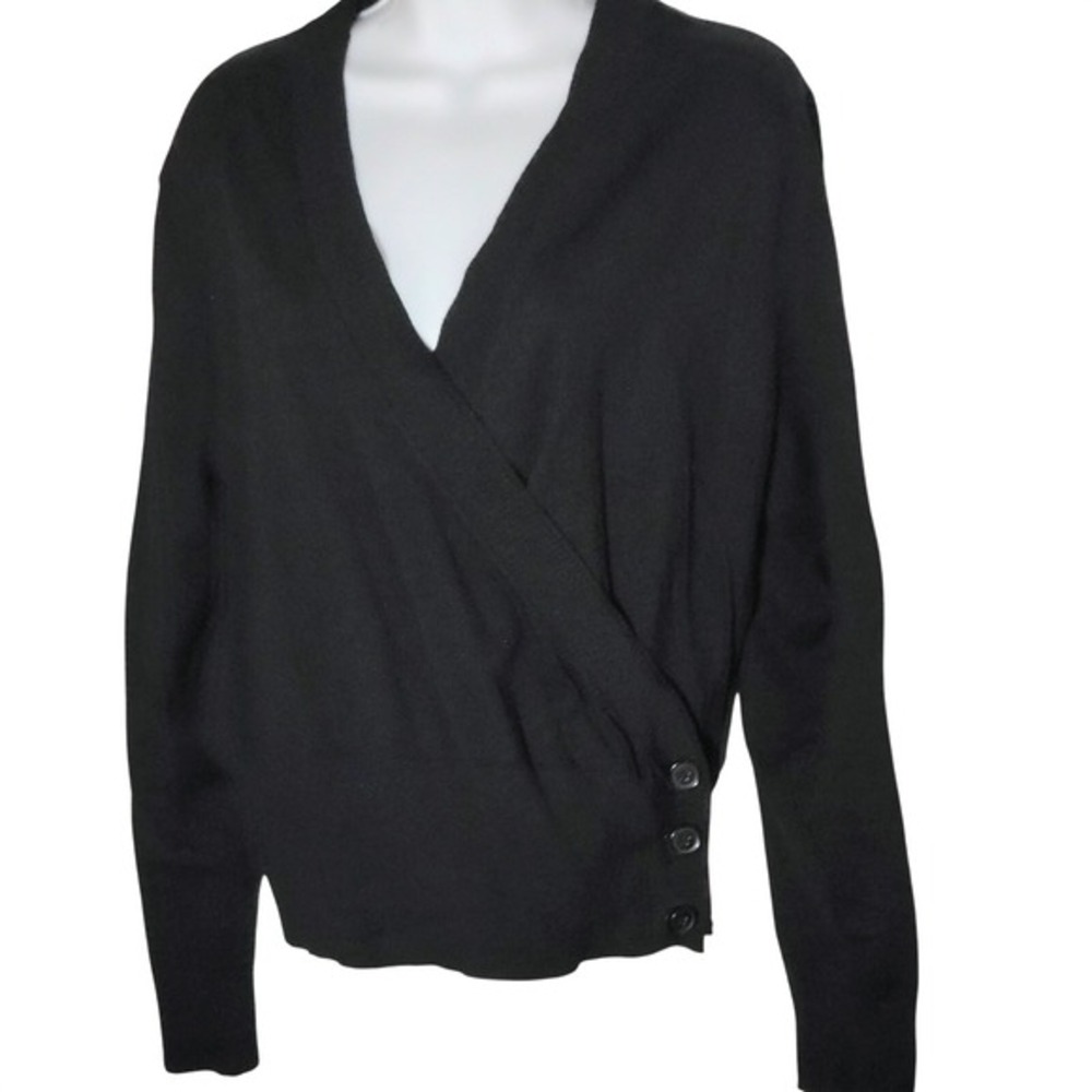 Black Wrap Knit Cardigan Sweater Silk Blend Button‎ Detail vtg vamp goth grunge